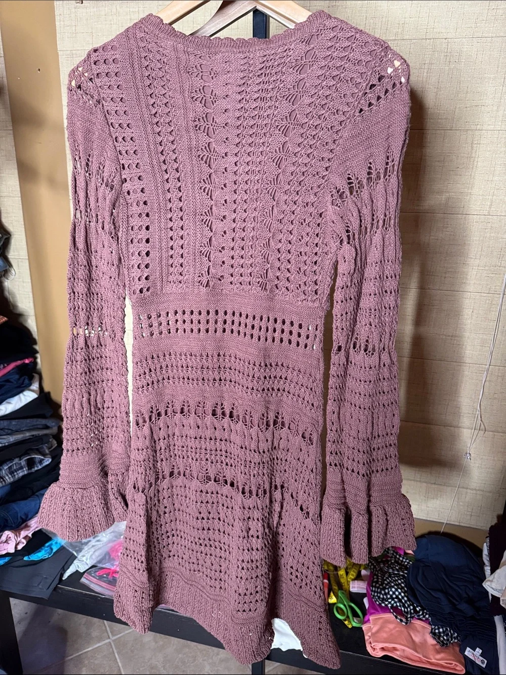 NWT Free People Sedona Crochet Mini Dress Chocolate Brown Bell Sleeve Sz Medium